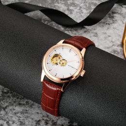 Wristwatches Pink Cohome Female Automatic Gold Watches Waterproof Leather Straps Skeleton Mechanical Steel Wristwatch Mekanik Izle Otomatik