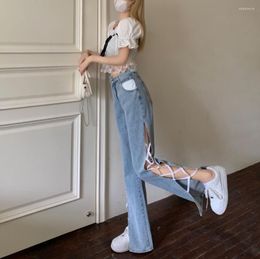 Women's Jeans Side Split Straight Leg For Women 2023 Korean Style Sexy Streetwear Sweet Ladies Blue Denim Flared Trouser Female Clothing
