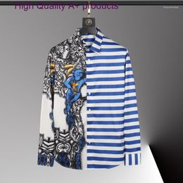 Men's Casual Shirts Blue Striped Long Sleeve Male Social Luxury Printed Mens Dress Fashion Slim Fit Party Stripe Man 3XL