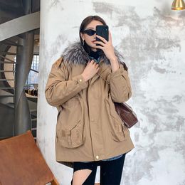 Women's Fur & Faux Real Coat Female Winter Collar Liner Big Pocket Caramel Colour Parkas OL Style Loose Short OvercoatWomen's Women'sWomen's