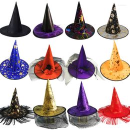 Berets Fashion Personality Pointed Cap Unisex Wizard Hat Halloween Party Gauze Caps Printed Pumpkin Black Hats