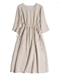 Casual Dresses Summer Ladies Dress Cotton And Linen Three-quarter Sleeve Long Skirt Literary Leisure Waist Drawstring Thin