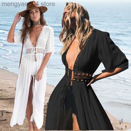 Women's Swimwear Beach Fashion Long Maxi Dress Women Beach Cover Up Outing Tunic Pareo White V Neck Dresses Robe Swimsuit 2022 New Beachwear T230505