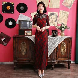 Ethnic Clothing 2023 Chinese Traditional Dress Black Red National Cheongsam Vintage Plus Size Female Women Lace Long Slim Qipao