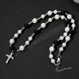 Hip Hop Chains Necklaces Black and White Reflective Pearl Cross Necklace Stainless Steel Pearl Men's Clavicle Chain