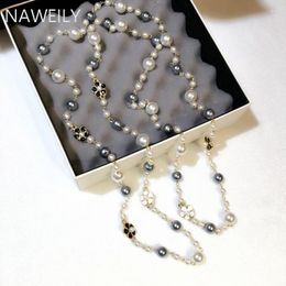 Chains Fashion Grey White Simulation Pearls Necklaces Rose Flowers Multilayer For Women Long Sweater Chain Necklace 2023