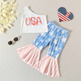 Clothing Sets FOCUSNORM 1-5Y Independence Day Kids Girls Clothes Sets Outfits Letter Print One Shoulder Tank Star Stripe Flared Pants Set AA230504