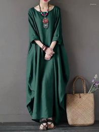 Casual Dresses For Women 2023 Vintage Loose Cotton Linen Dress Round Neck Long Sleeves Elegant Country Style Robe