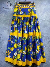 skirt SEQINYY Sicily Skirt Summer Spring New Fashion Design Women Runway Lemon Vintage Flowers Print Blue ALine High Street