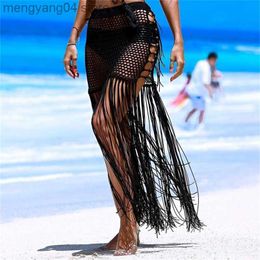 Women's Swimwear Womens Fashion Sexy Sheer Hollow Out Beach Maxi Knit Skirt Split Tassels Beach Long Skirts 2021 Summer Crochet Cover Up Skirts T230505