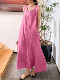 Casual Dresses 2023 Summer Women's Dress Sleeveless Cotton Linen Simple Long Skirt Round Neck White Oversized