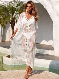 Women's Swimwear 2022 New Crochet White Lace Knitted Beach Cover Up Dress Tunic Long Pareos Bikinis Cover Ups Swim Robe Plage Beachwear Cover up T230505