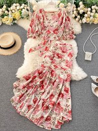 Two Piece Dress Bohemian PinkBlue Floral Print Chiffon 2pcs Set Women Summer Bandage Short Tops High Waist Mermaid Skirt Female Sets 230504