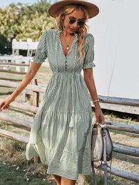 Casual Dresses Summer Dress Women Striped Printed Mid Calf Sundress Casual Ruffle Short Sleeve V Neck Female Outfits Elegant Beach Dress 230505