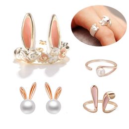 Wedding Rings Cute Rabbit Ear For Women Girl Open Adjustable Animal Sweet Pink Enamel Bunny Finger Accessories Easter Jewellery Gift 230505