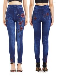 Women's Leggings VISNXGI Spring Red Floral Print Women High Waist Jeggings Soft Casual False Jeans Plus Size Stretchy Denim Pants