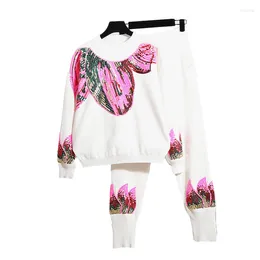 Women's Two Piece Pants White Black Knitted Tracksuit Set Women Autumn Fashion Handwork Sequins Knit Sweater Pencil Loose Casual Outfits