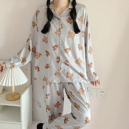 Women's Sleepwear Pyjamas Suit Spring Autumn Long Sleeve Korean Sweet Cute Cartoon Bear Womenhomewear Loose Plus Size Casual Comfortable V