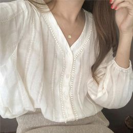Women's Blouses Women Blouse V-neck Puff Sleeve Lace Shirt White Long-Sleeved Autumn Loose Top Blusas Mujer De Moda
