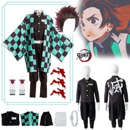 Roupas de desenho animado Tanjiro Cosplay Anime Demon Slayer Tanjirou Kamado Costume Kimetsu No Yaiba Kimono Brincos Adesivos de tatuagem para adultos e crianças 230504