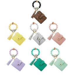 Card Holders Key Case Portable Metal Ring Chain Buckle With Beaded Bracelet And Bag For Kids Adults