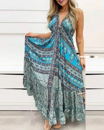 Casual Dresses Tribal Print Halter Maxi Dress Women Summer New Fashion Sexy Backless Vintage Party Club Boho Long Dress 230505