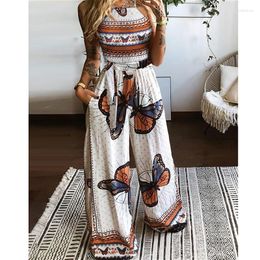 Women's Two Piece Pants 2023 Women Sets Butterfly Printed Cami Crop Tops And Loose Wide Leg Casual Bohemian Sexy 2Pcs