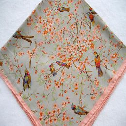 2015 Birds Pattern Pink Flowers Mulberry Silk Manual Edge Silk Twill Women Infinity Square Scarf Pure Silk Shawl269E