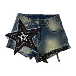 Women's Shorts Y2k Star Stitching Women's Shorts High Waist Wide Leg Denim Shorts Summer Retro Punk Sweet Cool Straight Tube Slim Shorts Women Z0505