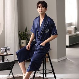 Men's Sleepwear Summer Untra-Thin Ice Silk Men's Kimono Dresses Man Casual Solid Embroidery Bathrobes Soft Satin Robe Bath Comfortable Pajama 230505