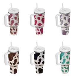 Colourful Diamond Cow Water Bottle Insulated Cup Bling Rhinestone Stainless Steel 40oz handle Tumbler with lid and straw Wholesale