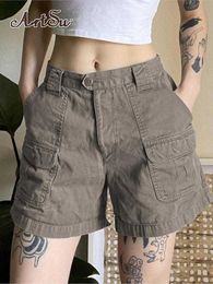 Women's Shorts Artsu Casual Denim Summer Shorts For Women Pockets Stitch Straight Leg Short Jean Pants Vintage Y2K Streetwear Cargos Clothes Z0505