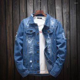 Men's Jackets Autumn Denim Jacket Men Blue Jeans Tops Washed Ripped Holes Clothing Casual Cotton Coats Outwear Plus Size