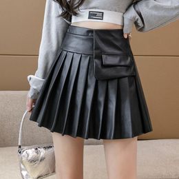 Skirts High Waist Women Black PU Faux Leather Mini Skirt Pleated 2023 Winter Autumn Sexy Party Bodycon Faldas Female