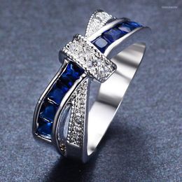 Cluster Rings 925 Sterling Silver Ring Beautiful Pretty Fashion Wedding Party For Women Blue Stone Crystal Jewelry Gift