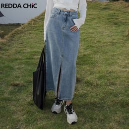 Skirts ReddaChic Plus Size Women Jeans with Front Slit Maxi Long Summer Stylish Casual Plain Tall Girl Friendly Floor Denim 230505