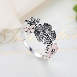 Cluster Rings ELESHE 925 Sterling Silver Flower Pink Enamel Daisies With Shiny Zircon Ring For Women Fashion Party Jewelry
