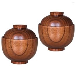 Bowls 2Pcs Small Wood Bowl With Lid Anti-scald Anti-drop Wooden Soup Rice Serving