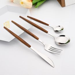Flatware Sets Drmfiy Brown Silver Dinnerware 4/8/16 Stainless Steel Cutlery Imitation Wooden Handle Tableware Knife Spoon Fork Silverware
