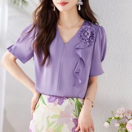 Women's Blouses Satin Blouse Woman Short-Sleeved Shirt Women's Top 2023 Summer Fashion V-neck Handmade Beaded Flower Blusas Purple Pink