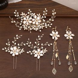 Hair Clips 4 Pcs Sets Pearls Wedding Party Women Combs Pins With Clip Earrings Crystal Flower Headpiece Accessories Hairband