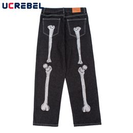 Men's Jeans Skeleton Hand Embroidery Denim Pants Mens High Street Wide Leg Pants Streetwear Loose Casual Trousers Jeans Men 230503
