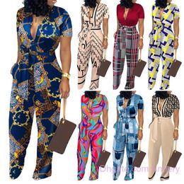 2023 Trending Clothing Women's Fashion Dress Jumpsuits Playsuits Bodysuits Digital Printing Loose Belt Wide Leg Jumpsuit Pants