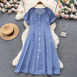 Casual Dresses Gagaok Dress For Women 2023 Summer O-Neck Short Plaid Midi Loose Fashion Korean Chic Sweet Vestidos