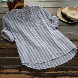 T-Shirt 5XL Summer Elegant Women Cotton Soft Tops Long Sleeve All Size Lady Blouses Striped Classic Shirts Formal Working Clothes Office