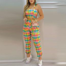 Women's Two Piece Pants Sports Suit Ladies Two-piece Plaid Colour Block Top And Pocket Design