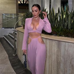 Women's Two Piece Pants Navel Exposed Women Set Summer Long Sleeve Elegant V Neck Jacket Top Wide Leg Cut Out Waist Solid Outfits