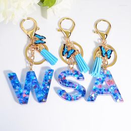 Keychains Resin Initial Letter Keychain Women Blue Butterfly Alphabet Key Ring Chains With Tassel Cute Pendant Chain Rings Charm Bag