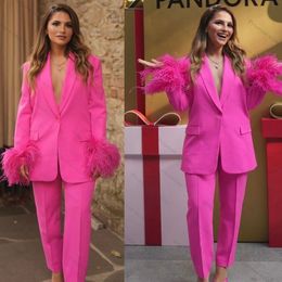 Hot Pink Women Pants Suits Set Feather Long Sleeve Girl Blazer Wide Leg Plus Size Office Lady Party Prom Dress