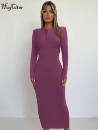 Casual Dresses Hugcitar Women Elegant O Neck Long Sleeves Shoulder Pads Draped Sexy Bodycon Maxi Prom Dress Autumn Streetwear Party Y2K 230505